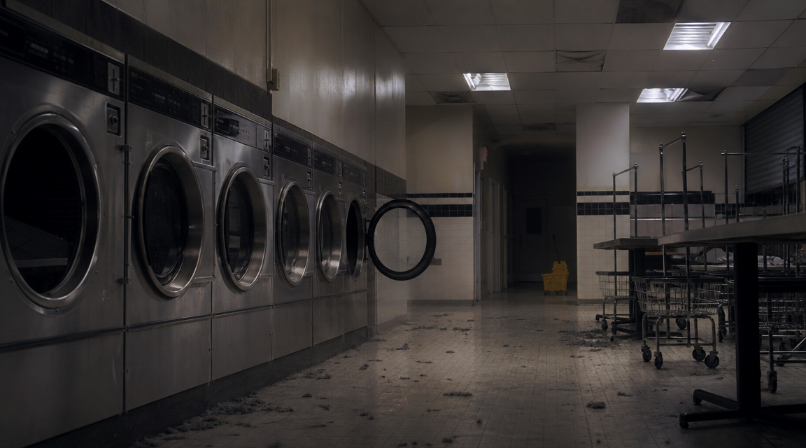An empty laundromat before dawn with one dryer door left open.