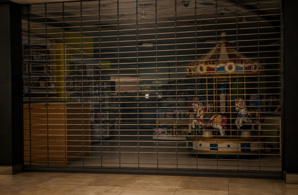Closed mall toy store at night with a small display carousel near the front counter.