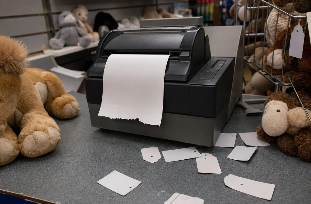 Toy store register tape printer stopped mid-line after closing.