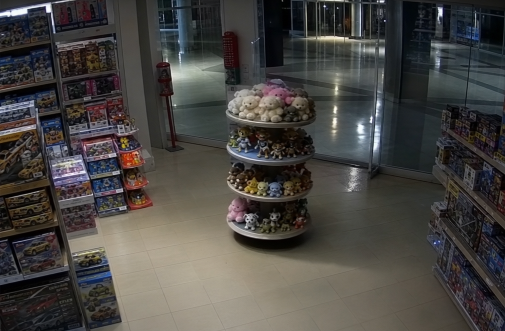 Security camera view of a small display carousel turning in an empty closed toy store.