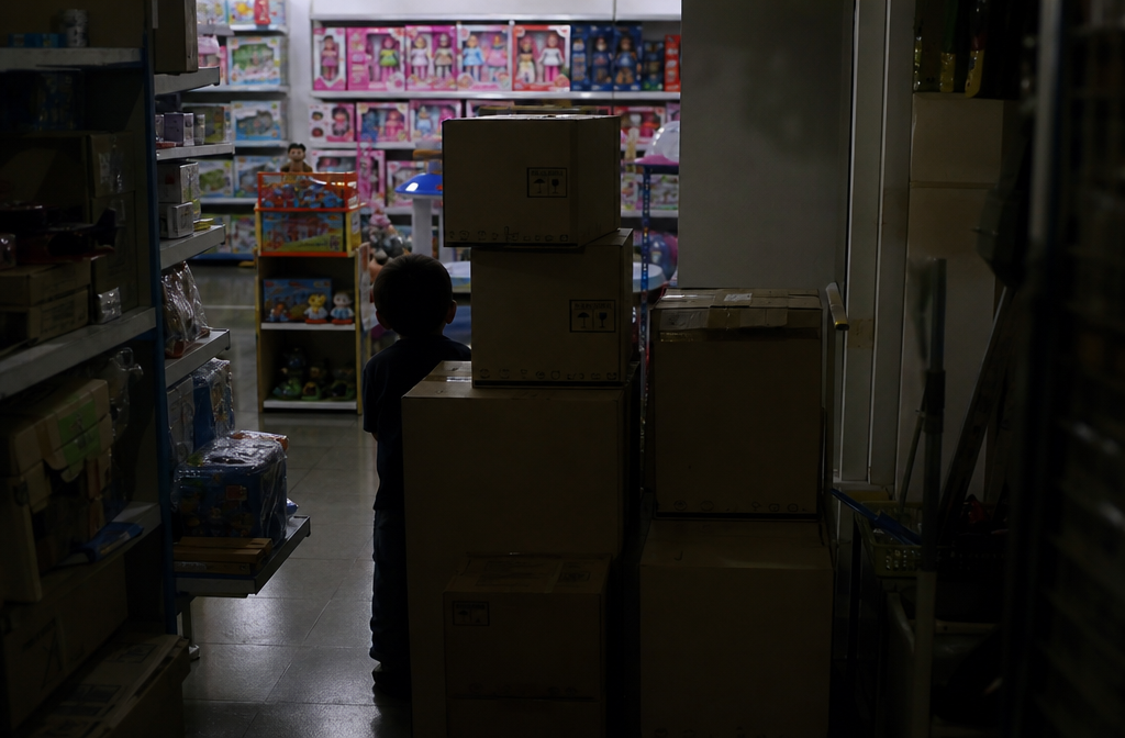 A small dark figure appears behind stacked toy boxes in the final camera frame.