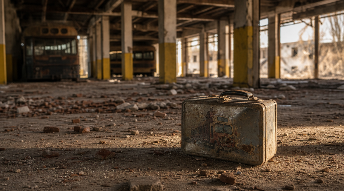 A dented tin lunchbox lying on the dusty floor of an old demolished bus depot.