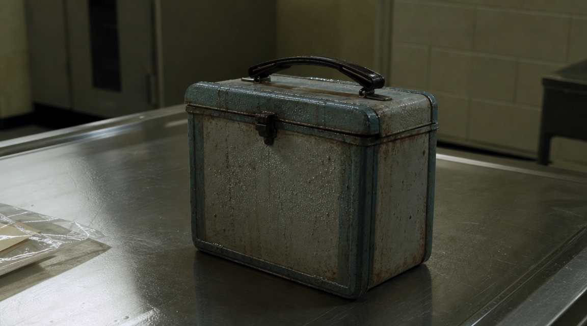 A cold tin lunchbox with condensation on an evidence table in a warm storage room.