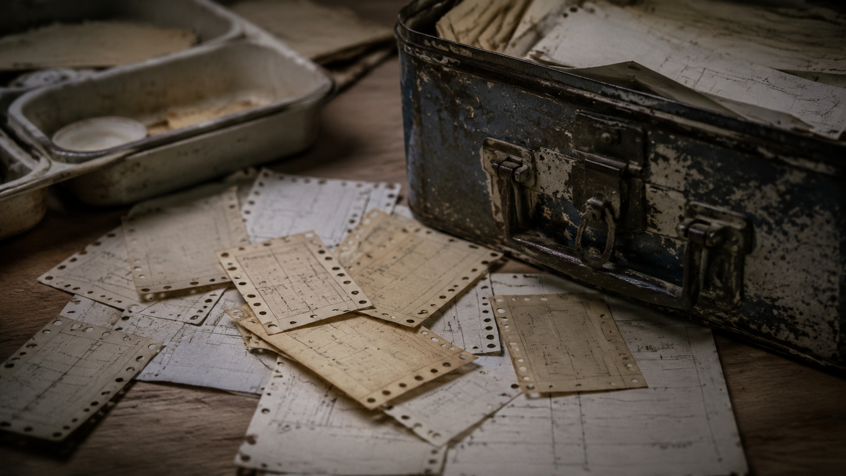 Dry old lunch receipts arranged beside a battered tin lunchbox.