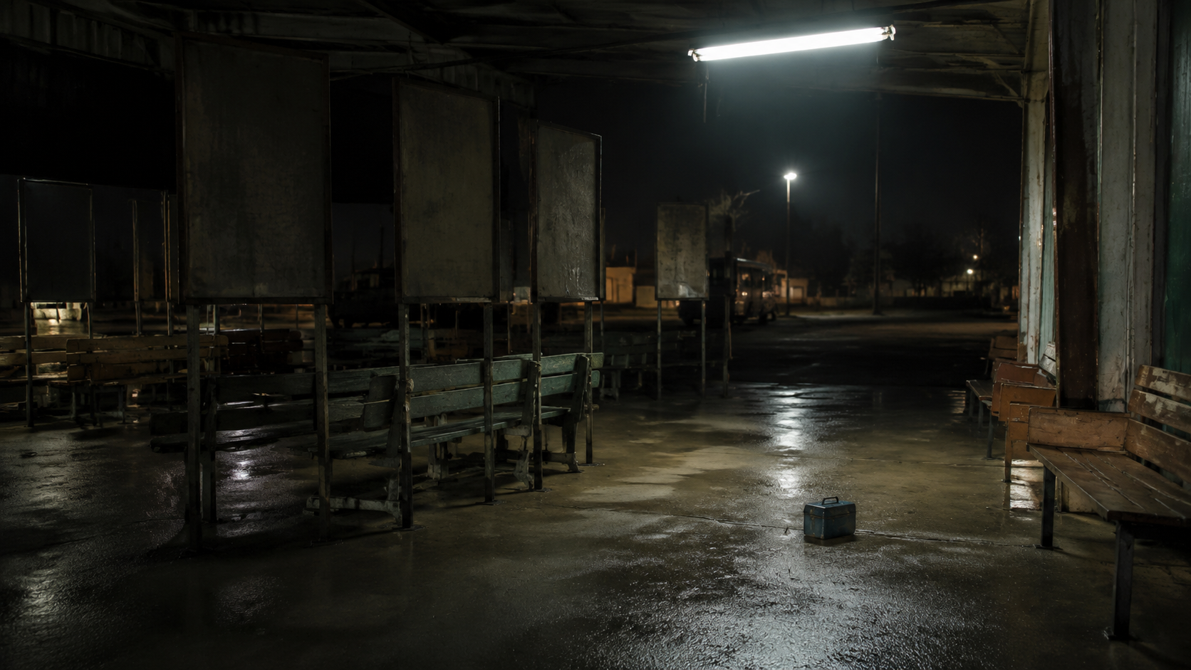 An empty bus depot storage bay with a lone tin lunchbox under a fluorescent light. FACEBOOK ANGLE: A demolished bus depot produced one object nobody wanted to touch twice: a lunchbox that stayed cold and carried receipts for a route erased from the timetable decades earlier. FACEBOOK VISUAL MOMENT: The lunchbox sitting on a warm evidence table, sweating with cold condensation while every other object in the room gathers dust. FACEBOOK SHORT SUMMARY: Workers found a dented tin lunchbox in an old bus depot. It stayed cold in storage, and the paper receipts inside belonged to a bus route cancelled long before the depot closed.