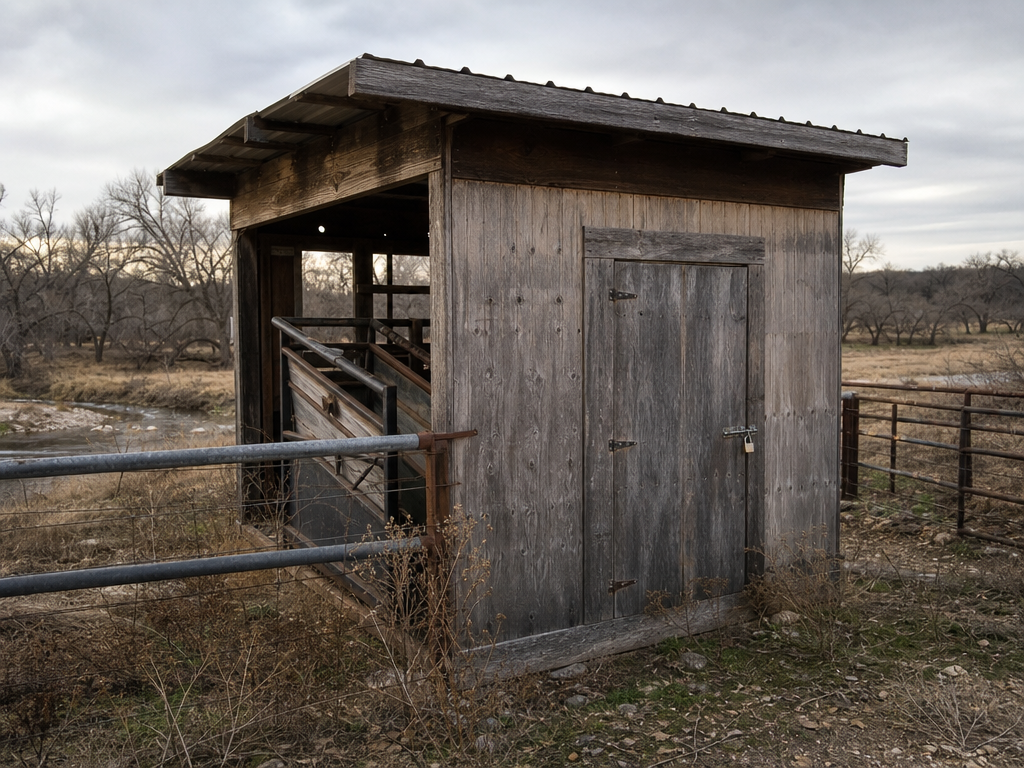 Locked cattle scale shed near creek pasture