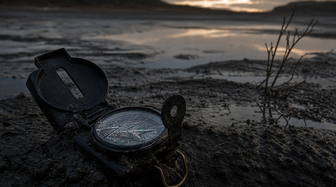 Cracked black compass on reservoir mud