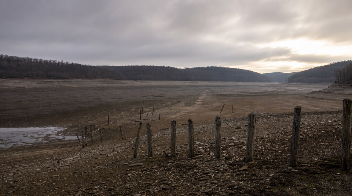 Drained reservoir with old road trace