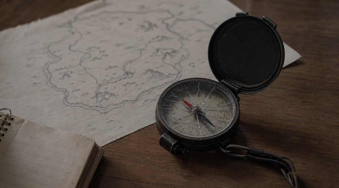 Broken compass beside dusk map