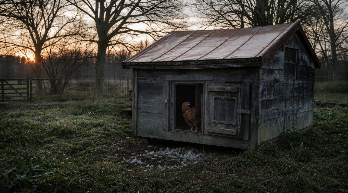 Weathered henhouse with a copper roof at dawn, with feathers scattered near the door.
