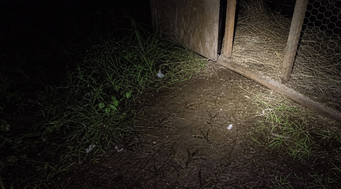 Muddy ground beside a henhouse with partial tracks, bent grass, and loose feathers.