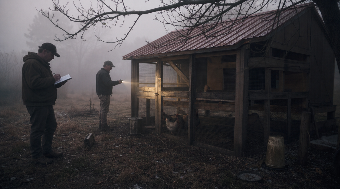 Investigators examine a copper-roofed henhouse in morning fog.