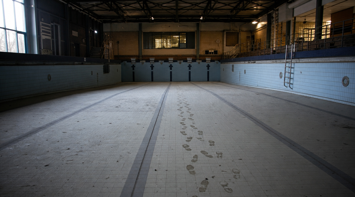 Wet footprints cross a drained indoor pool basin toward the deep end.