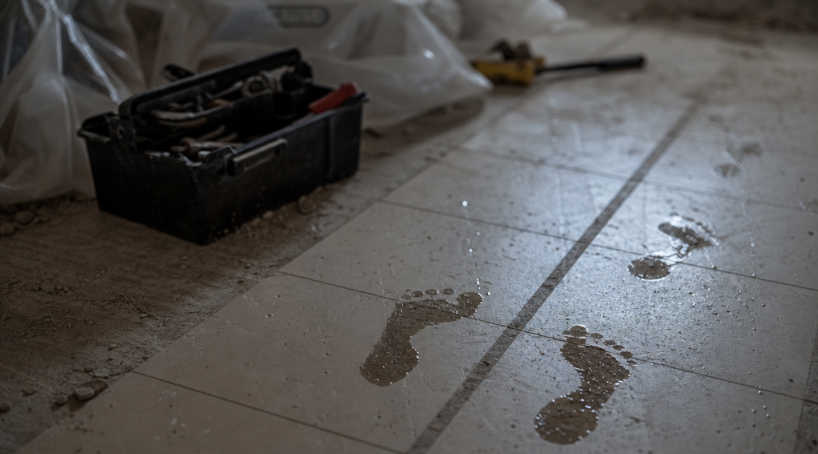 Damp bare footprints mark dusty tiles inside a drained pool under repair.
