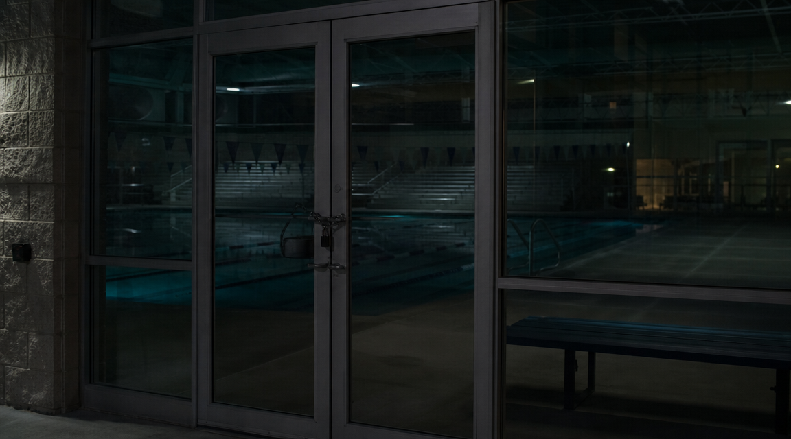Locked doors look into the dark pool hall of a closed recreation center. FACEBOOK ANGLE: A drained indoor pool. Locked doors. No water. So why did fresh wet footprints appear every morning and stop at the same drain? FACEBOOK VISUAL MOMENT: The camera looks down into an empty blue-tiled pool basin where a single trail of wet footprints crosses dry dust and ends at the deep-end drain. FACEBOOK SHORT SUMMARY: During repairs at Halden Rec Center, staff found wet footprints across a completely drained indoor pool every morning. The doors were locked, the basin was dry, and the tracks always ended at the drain.