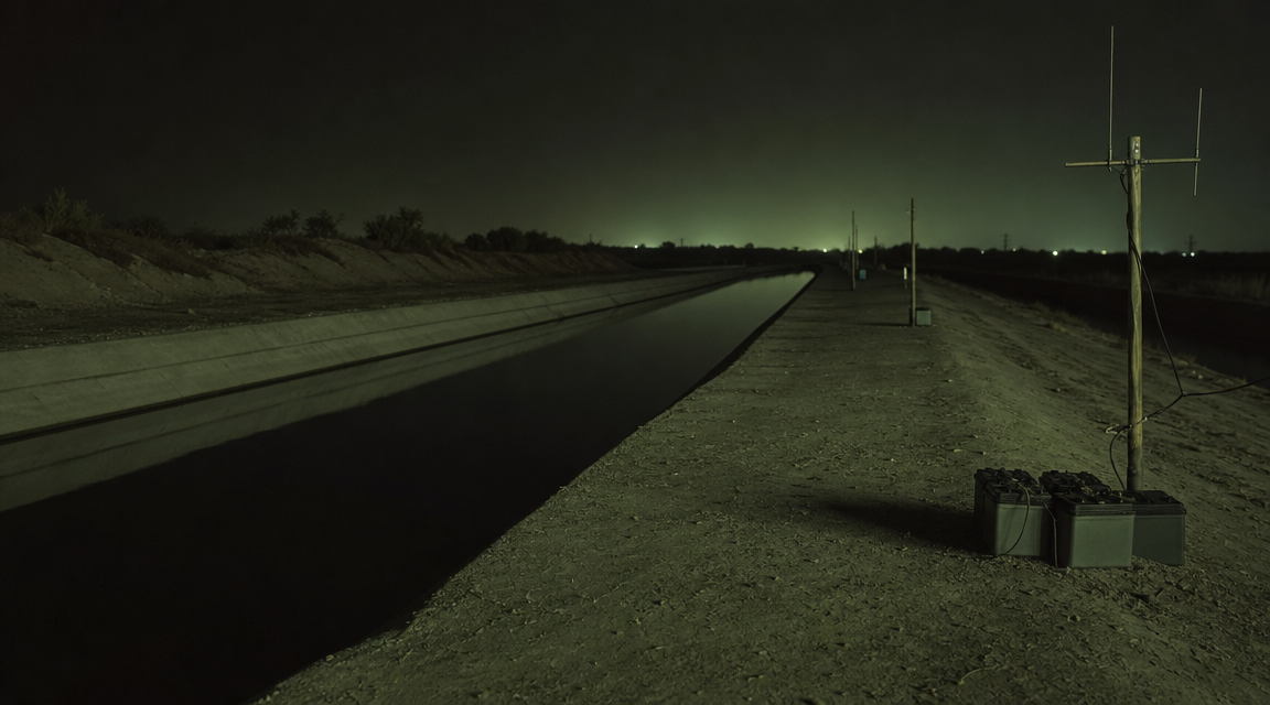 Green white glow over empty canal equipment