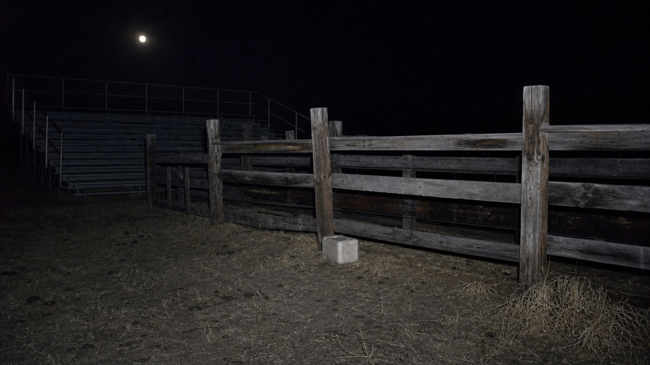 Abandoned county fairground cattle pen at night with a salt block near the fence and empty bleachers behind it.