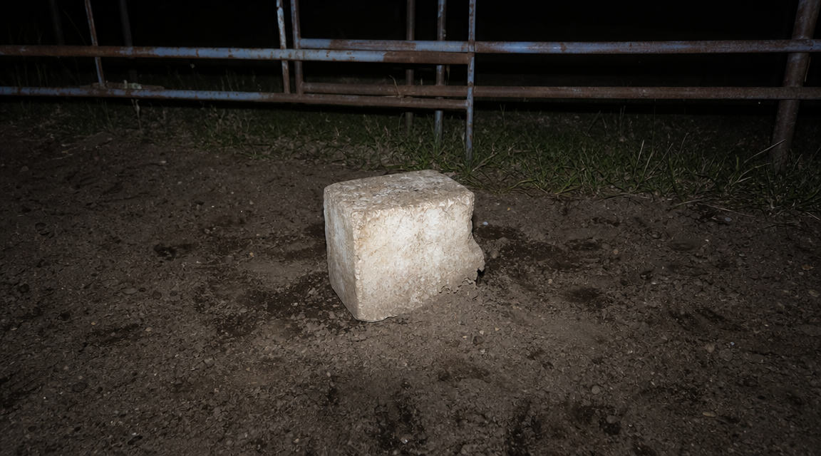 Salt block on dirt inside an old cattle pen with drag marks and scattered tracks around it.