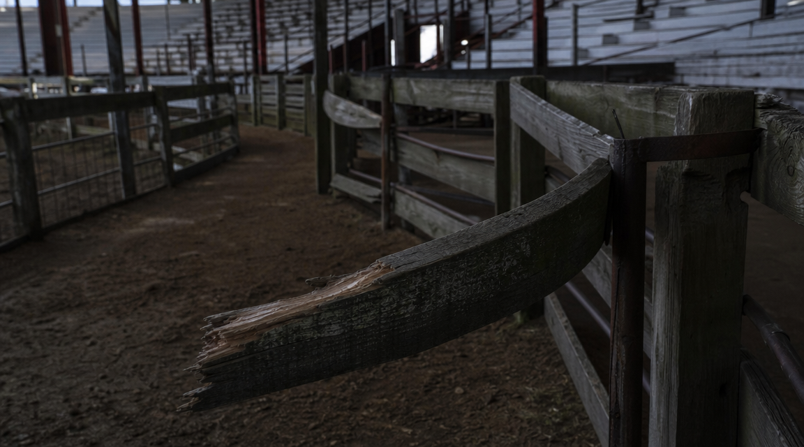 Bent outward wooden fence rail at an abandoned fairground cattle pen with empty bleachers behind it.