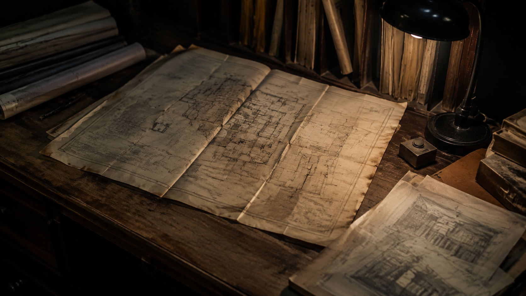A folded fire escape map on an archive table