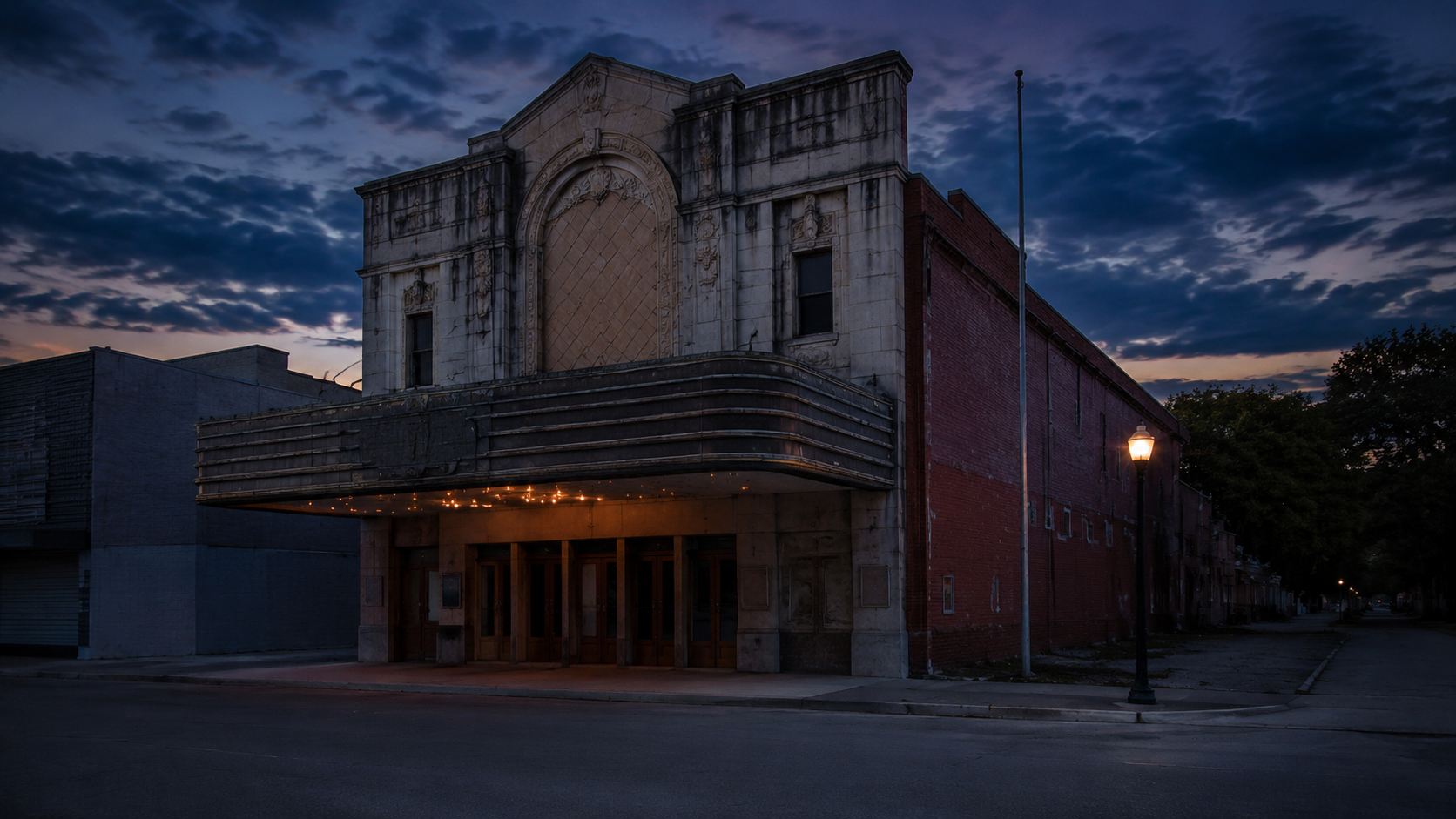 An old theater exterior at dusk