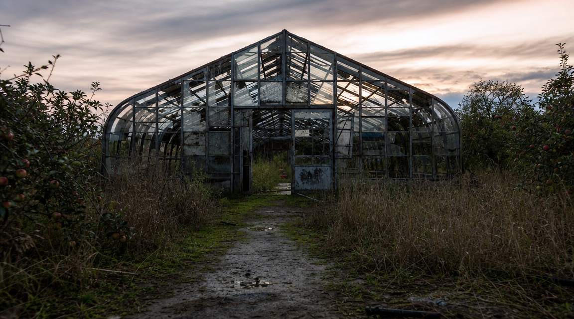 A derelict glasshouse at the edge of an overgrown orchard at dusk.