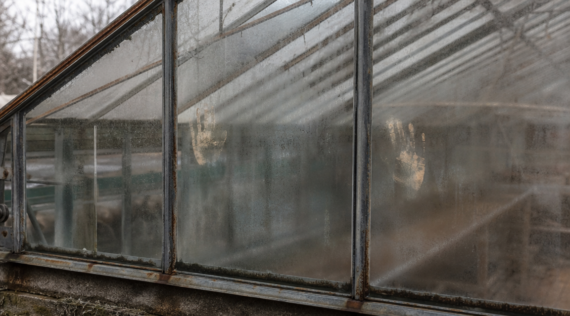 Handprint-shaped condensation marks on cold glass inside an abandoned glasshouse.