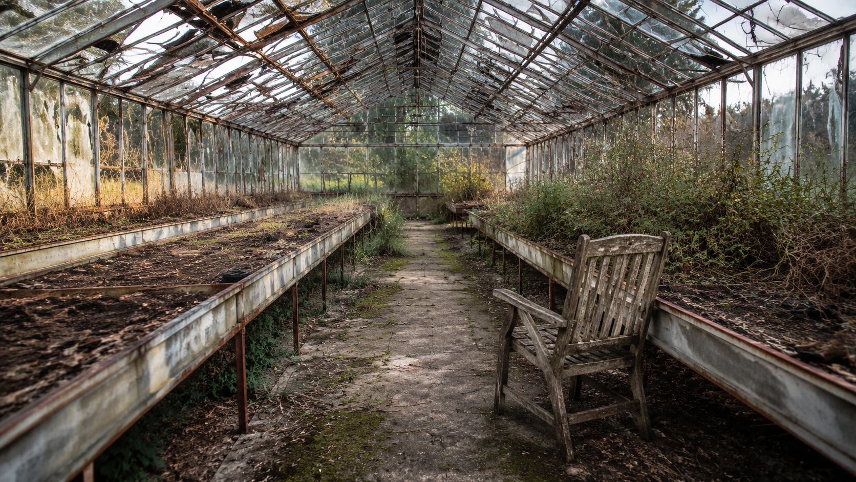 An old chair sits alone in the aisle of a ruined orchard glasshouse.
