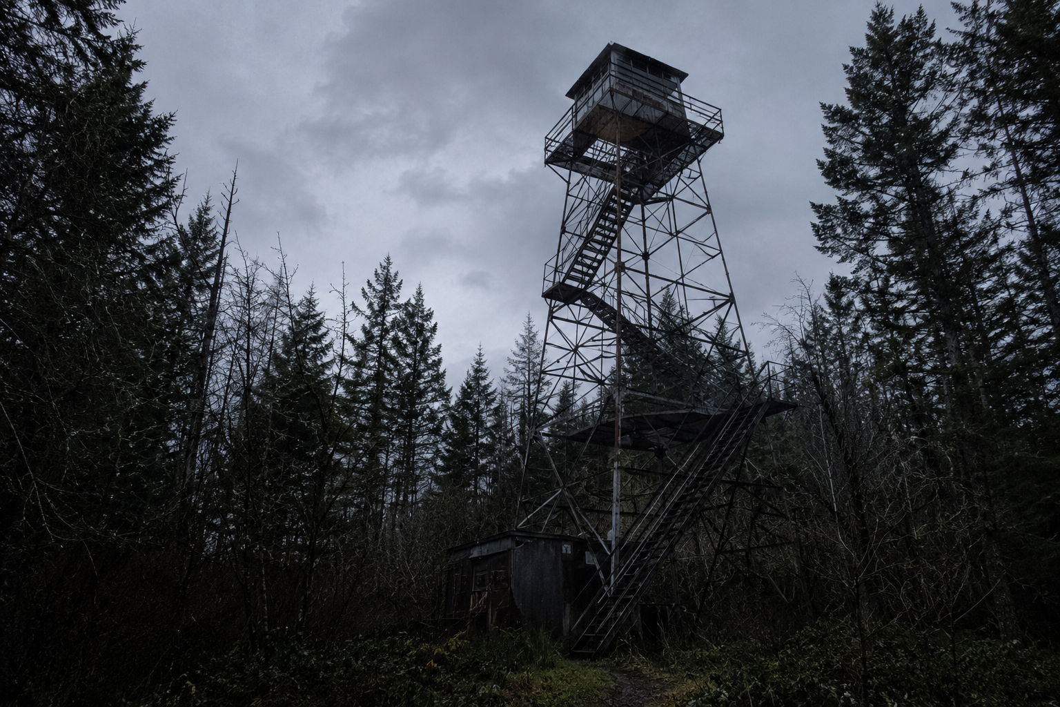 Decommissioned fire tower above gray alder forest
