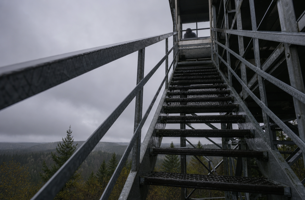 Dark broad shape above tower stair grating