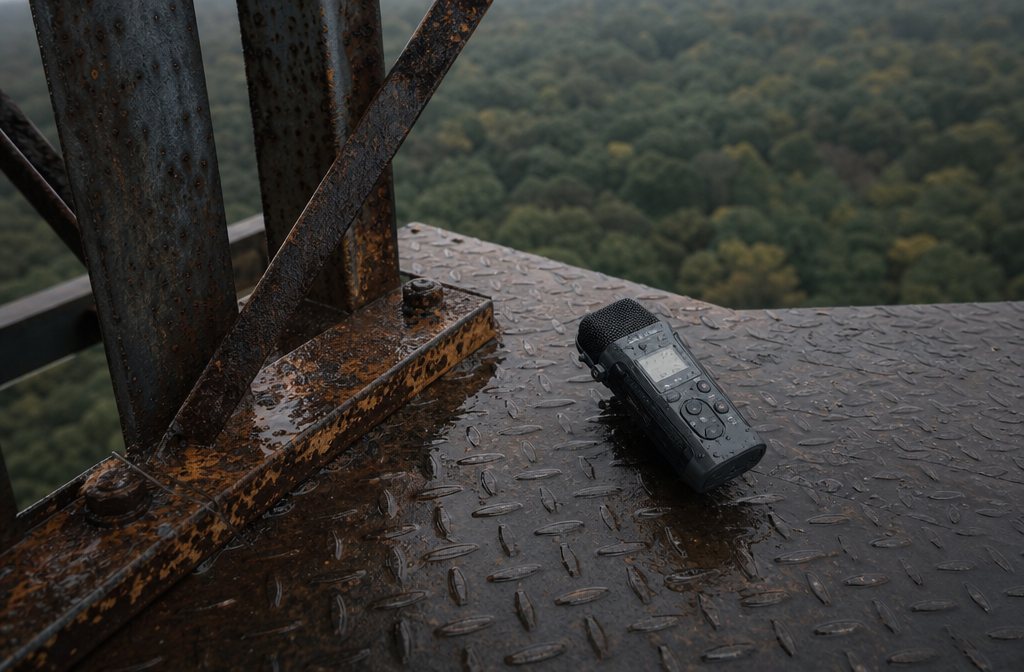 Audio recorder on wet fire tower step