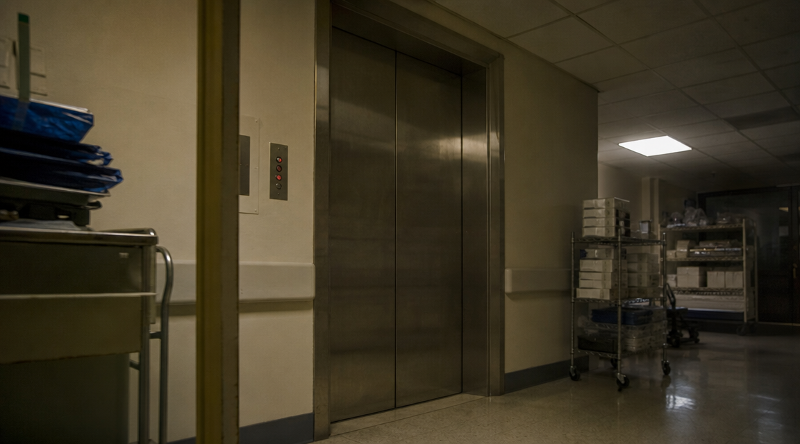 Freight elevator lobby on locked clinic supply floor