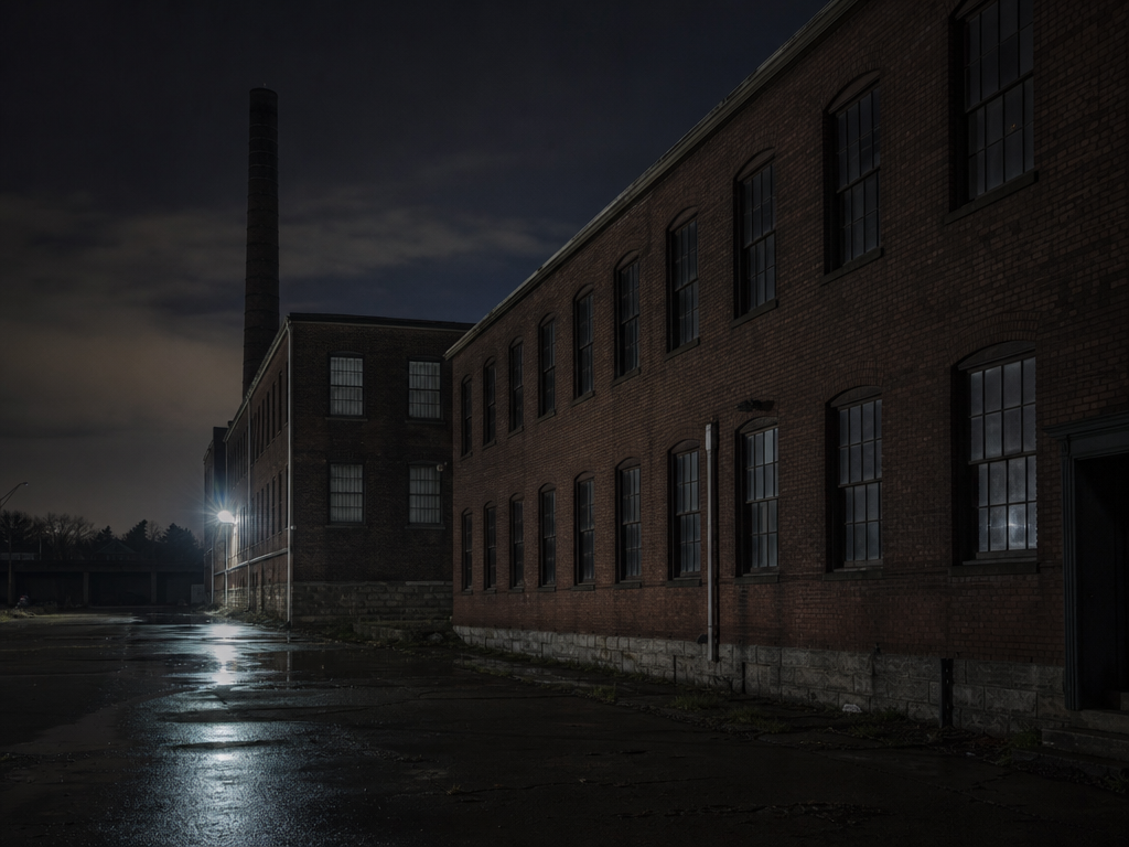Closed textile mill exterior at night