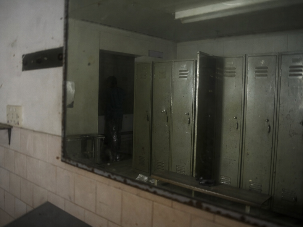 Dark figure behind locker row
