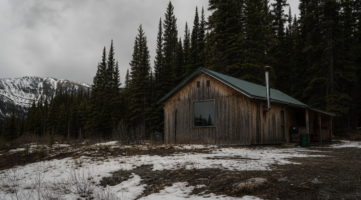 Remote spruce ranger cabin after winter