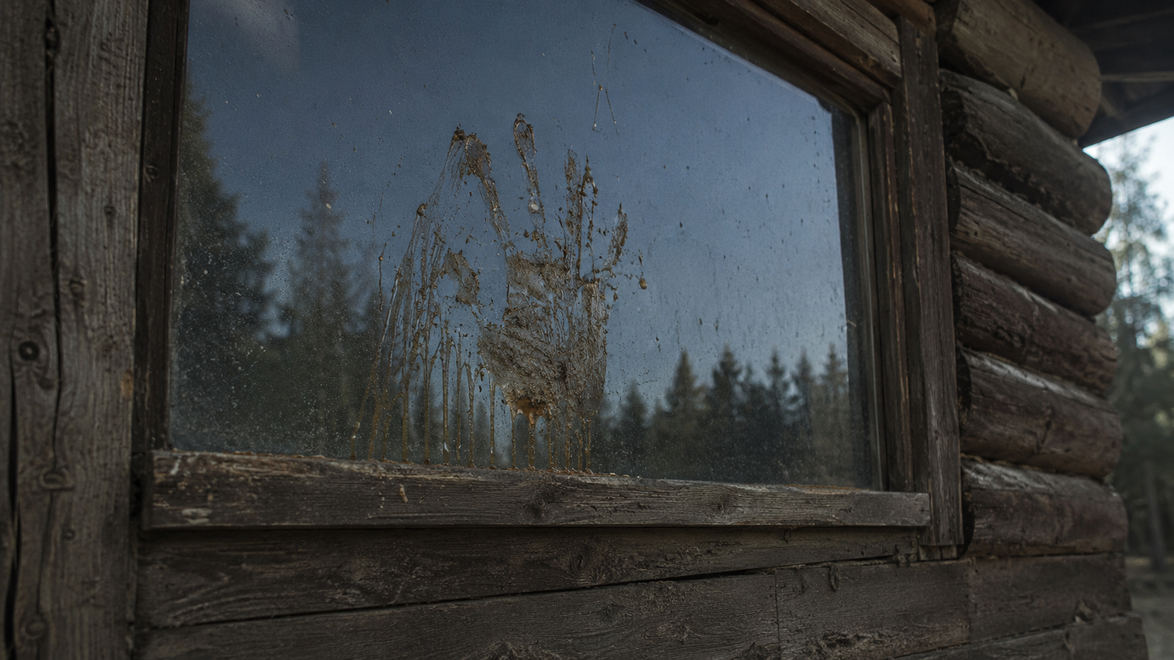 Sap-smeared handprint on cabin window