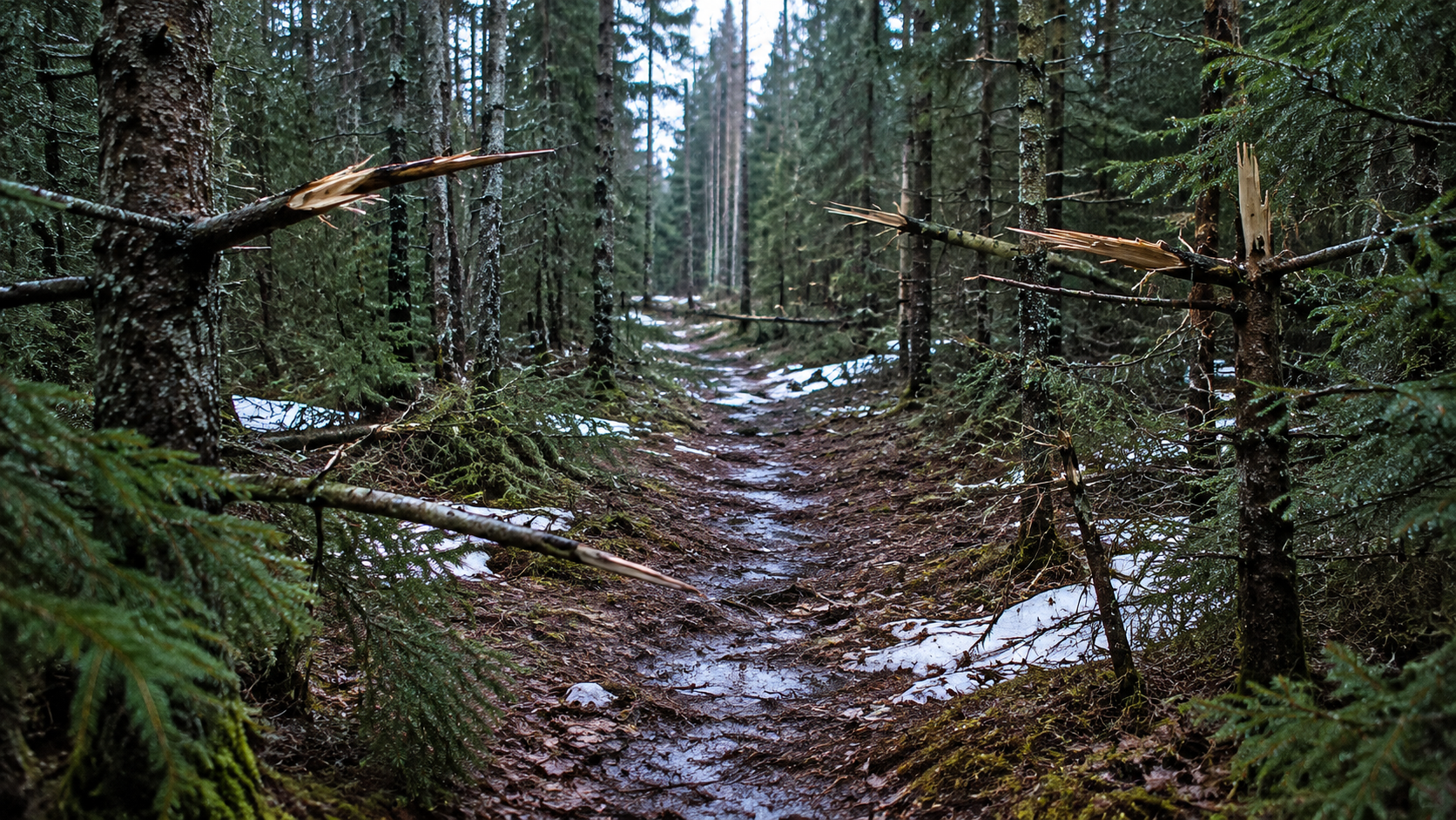 Snapped branches along spruce access path