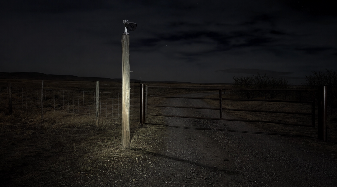 Remote ranch gate with an infrared security camera facing a gravel road at night