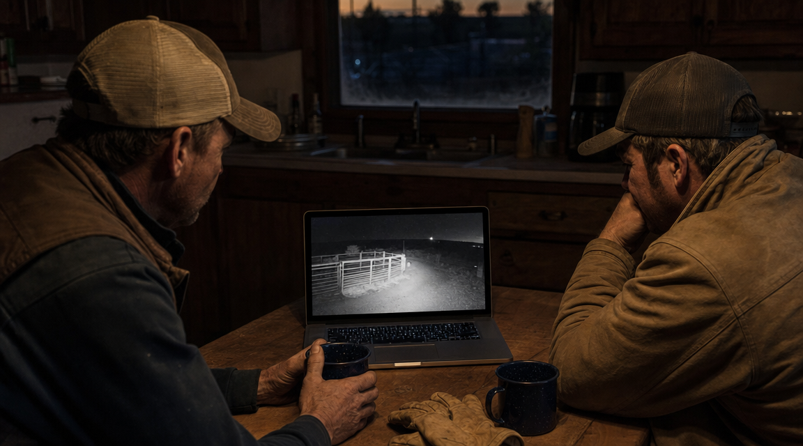 Ranchers study unexplained gate camera footage on a laptop before dawn