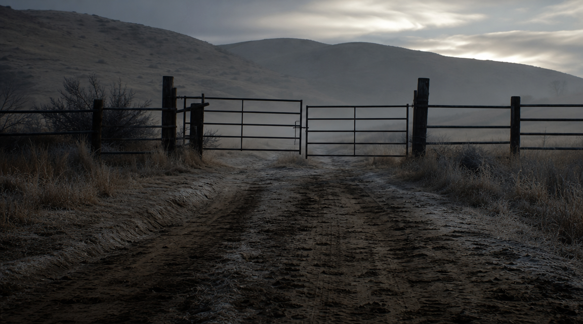 Dusty ranch road and latched metal gate examined after unexplained footage