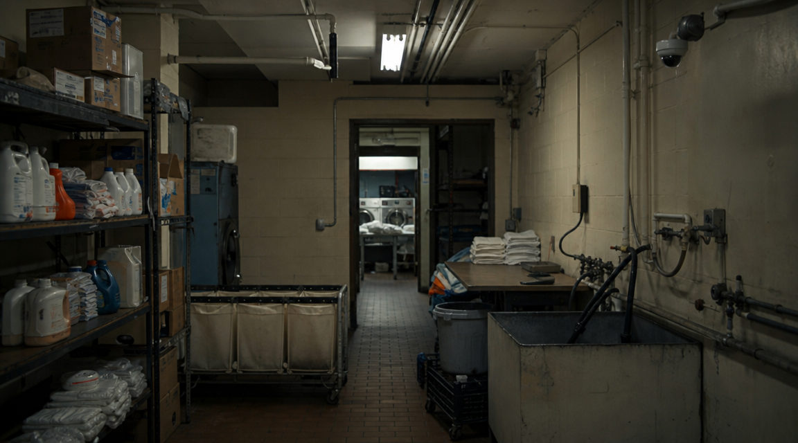 Small laundromat back room with supplies, carts, pipes, and a CCTV camera.