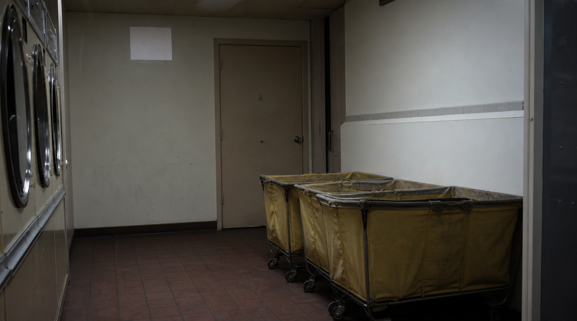 Laundry carts beside a closed service door in a laundromat hallway.