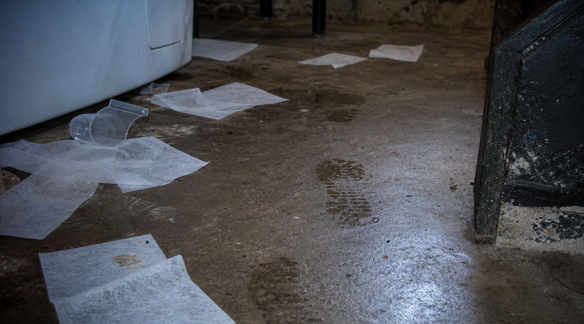 Scattered laundry supplies and damp footprints on a utility-room floor.