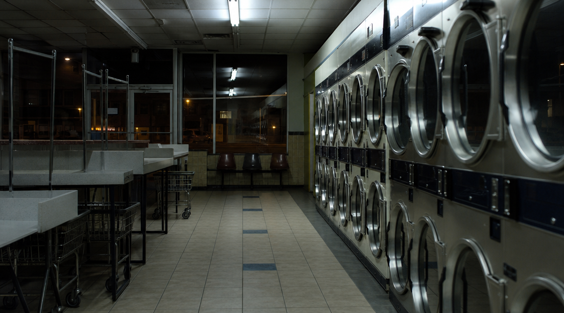 An empty laundromat with stainless steel dryers at night