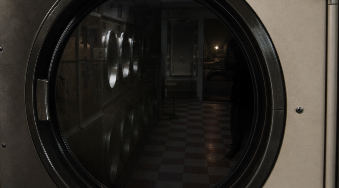A dryer door reflecting an empty laundromat aisle