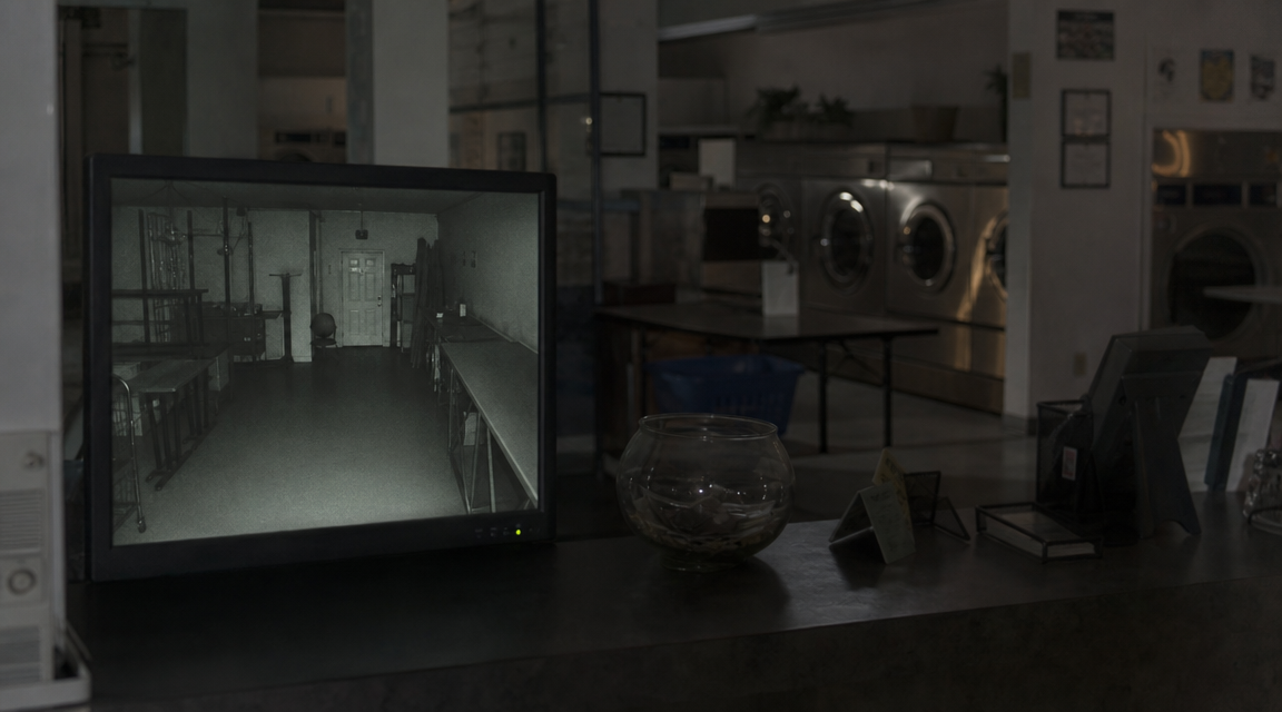 A security monitor showing an empty laundromat