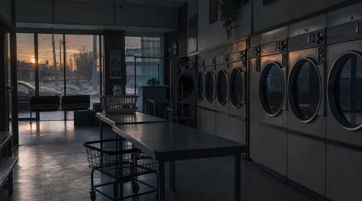 A closed laundromat at dawn with dark dryer windows FACEBOOK ANGLE: A laundromat owner checked a dryer alert and found a reflection that did not match the empty room. FACEBOOK VISUAL MOMENT: The black dryer door showing a human-shaped reflection while the aisle in front of it is visibly empty. FACEBOOK SHORT SUMMARY: Overnight security footage from a small laundromat shows a figure reflected in a dryer door. The camera angle shows no matching person in the room, and the owner still keeps the clip saved separately.