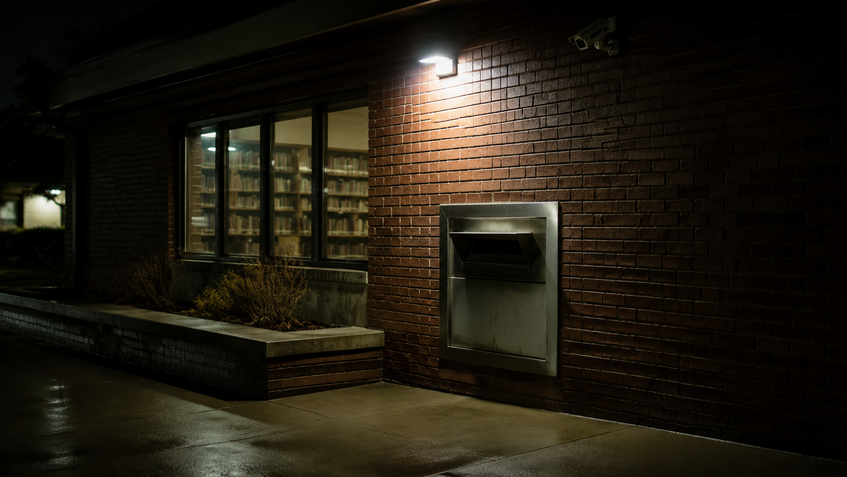 Night exterior of a public library return slot under a wall light.