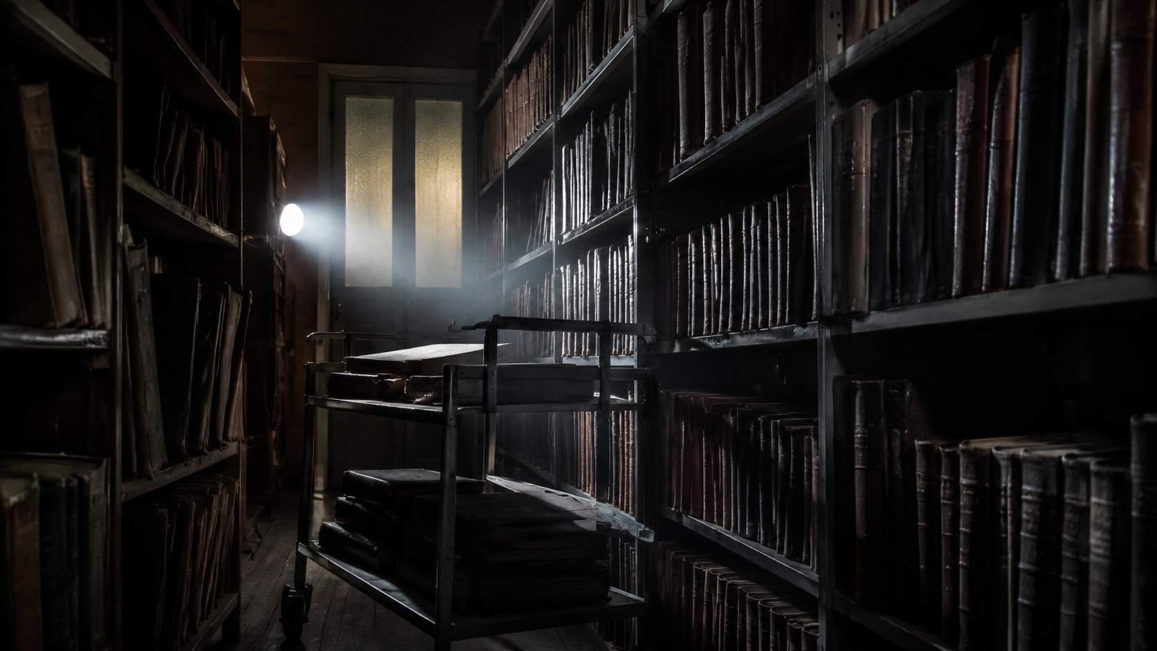 Dim library archive room with shelves of old local-history books. FACEBOOK ANGLE: A locked library return slot, a closed building, and security footage of old books being pushed out from the inside after midnight. FACEBOOK VISUAL MOMENT: The third book pauses halfway through the slot, as if held from the other side, then drops onto the concrete without anyone visible nearby. FACEBOOK SHORT SUMMARY: Night staff at a small library still talk about the exterior camera clip showing old local-history volumes emerging from a locked return slot after closing. The unsettling part was not just the movement. It was that the books were supposed to be inside the reference collection and had no checkout history for years.