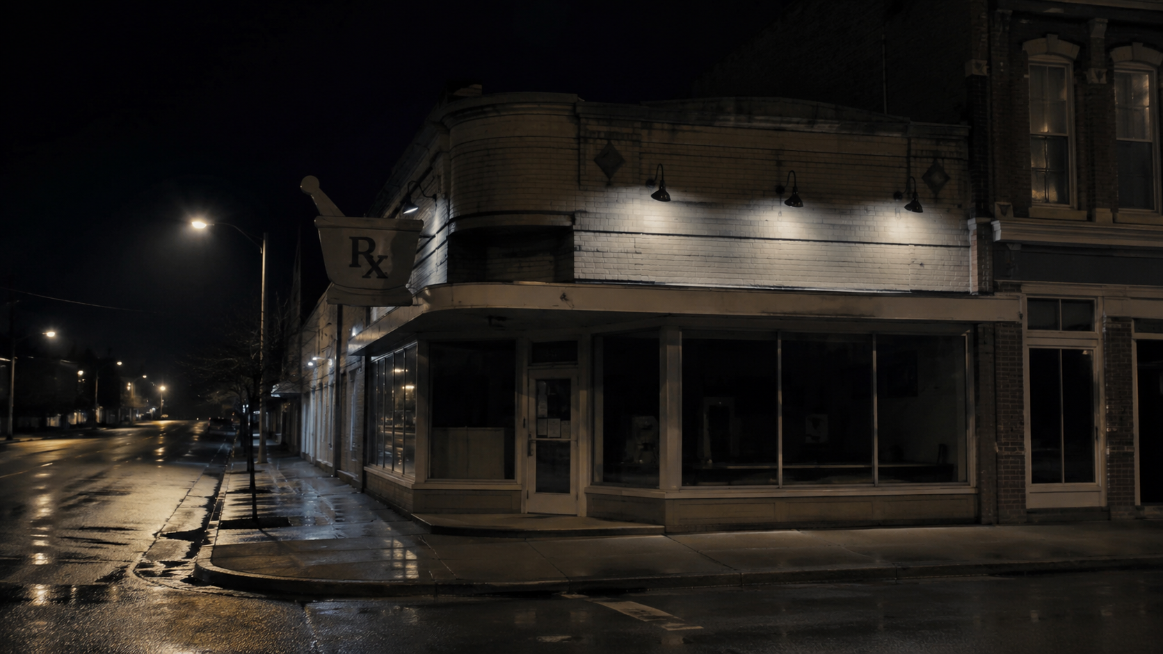 Night exterior of a small-town pharmacy after closing with dim security lights in the windows.